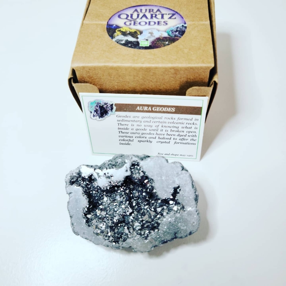 Silver Aura Quartz Geode in a box